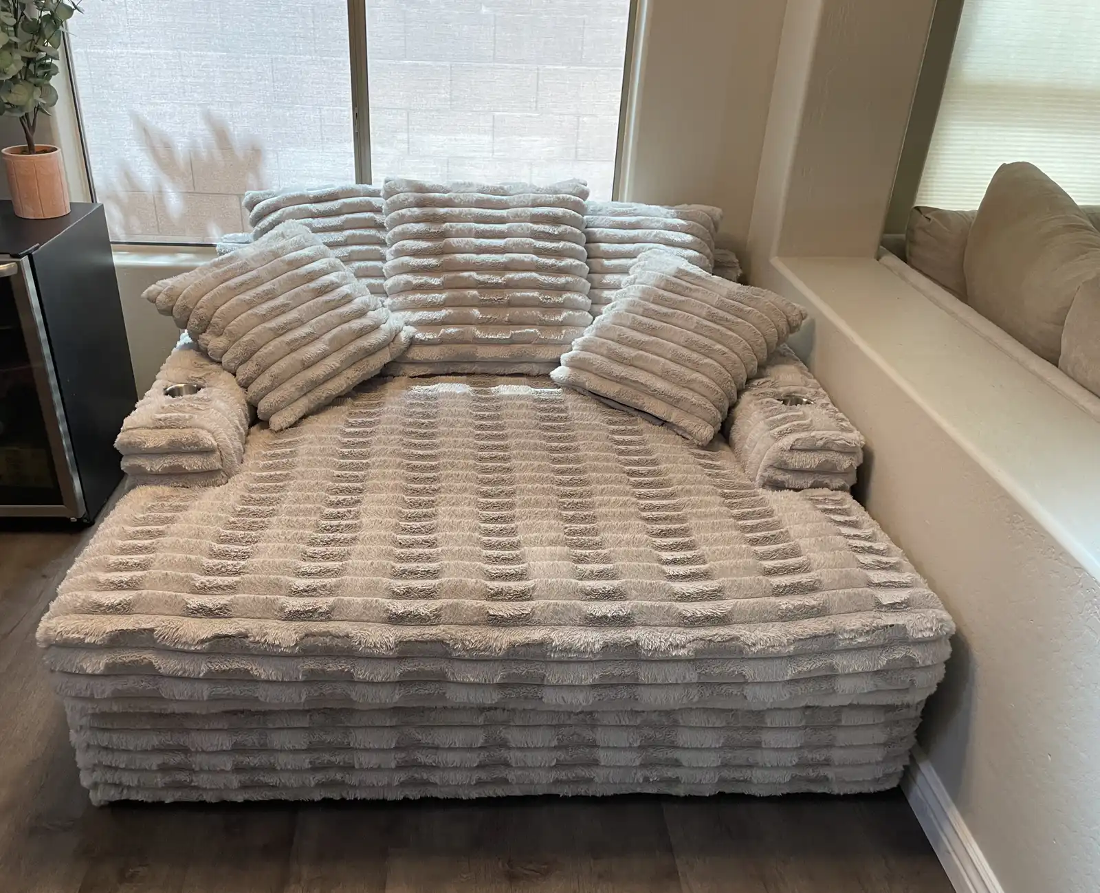 Before and after oversized comfy chair cleaning in El Mirage living room showing extra fluffy chair cleaned and groomed