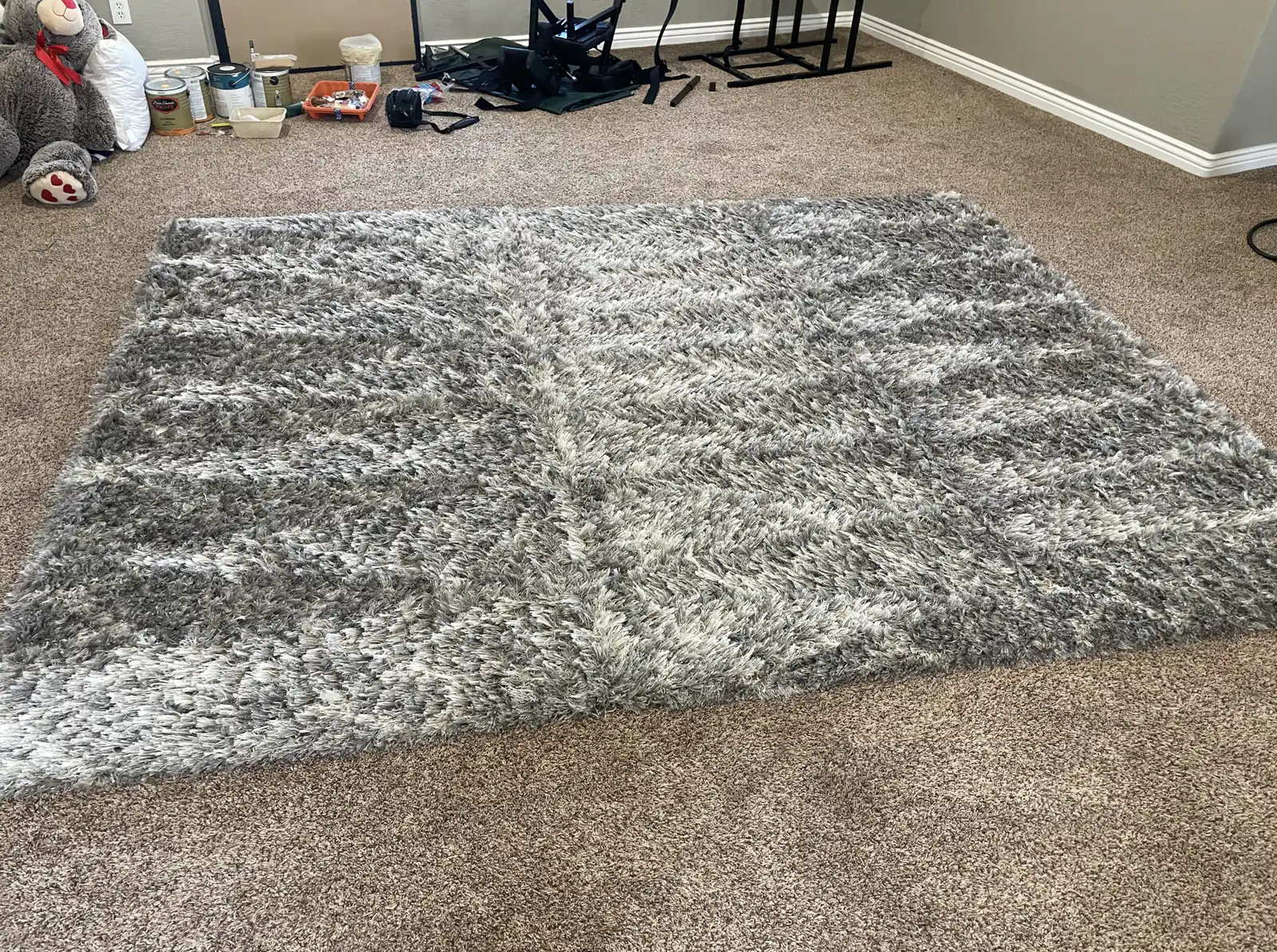 Before and after short shag area rug cleaning in El Mirage home showing particulate color dulling restored