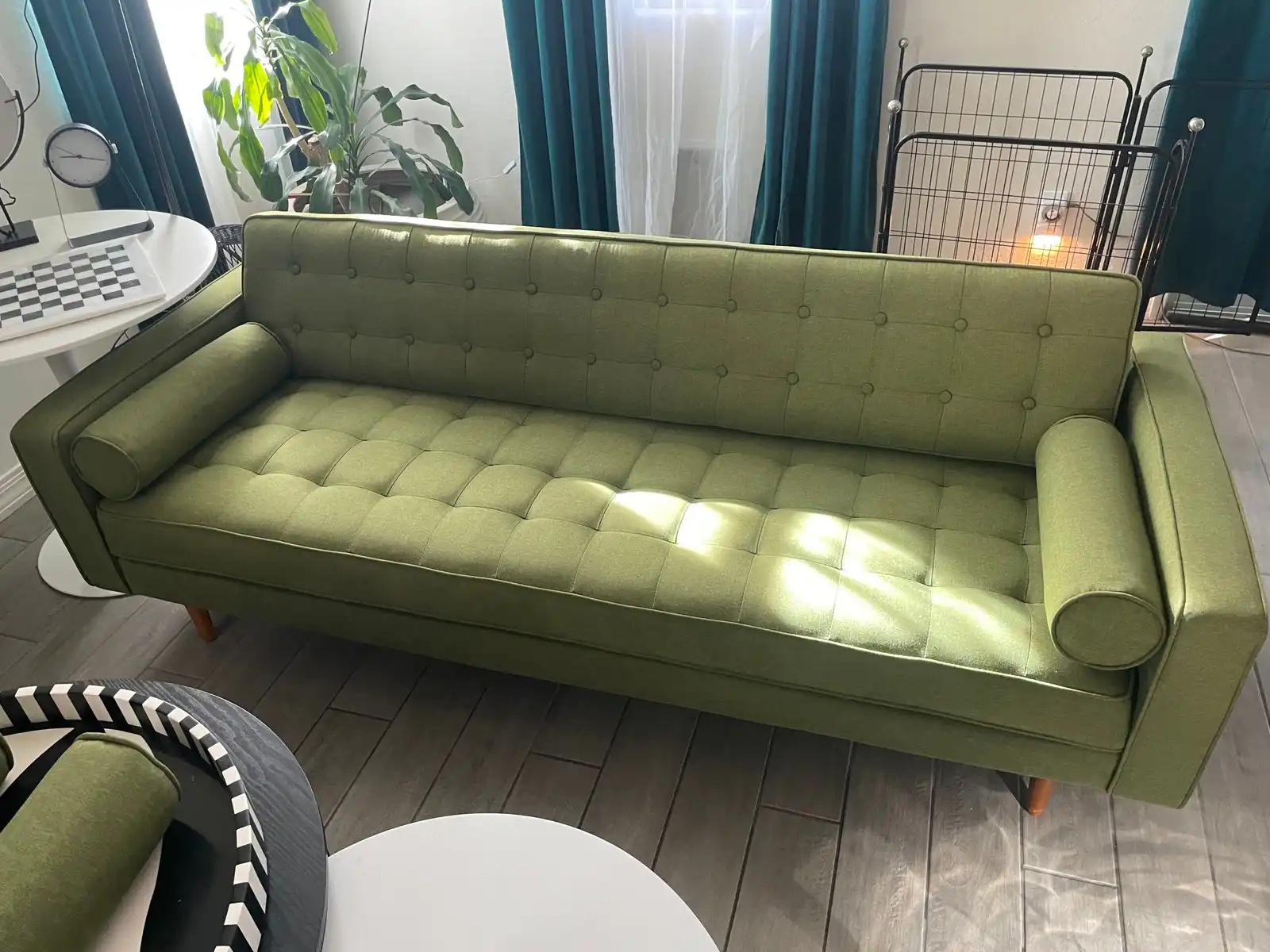 Before and After Olive Green Tufted Mid-Century Modern Sofa in Peoria Home